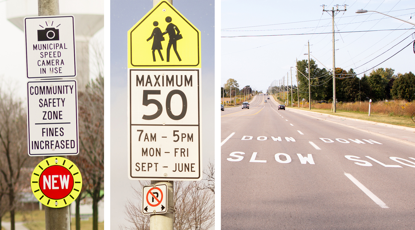 community and school zone safety signs and slow down pavement markings