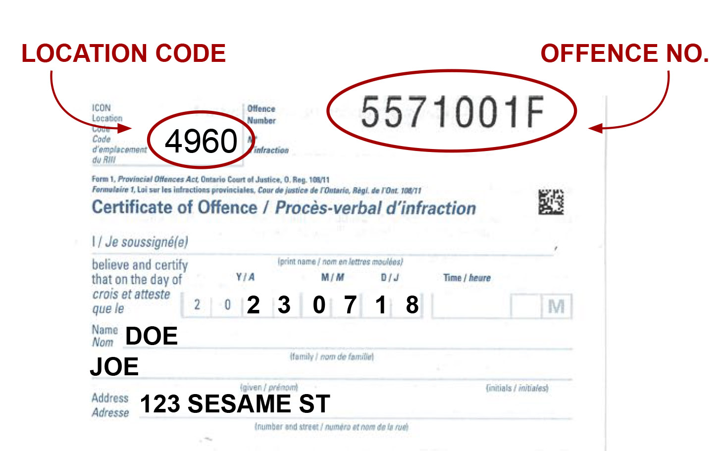 Example of ticket indicating location and offence number