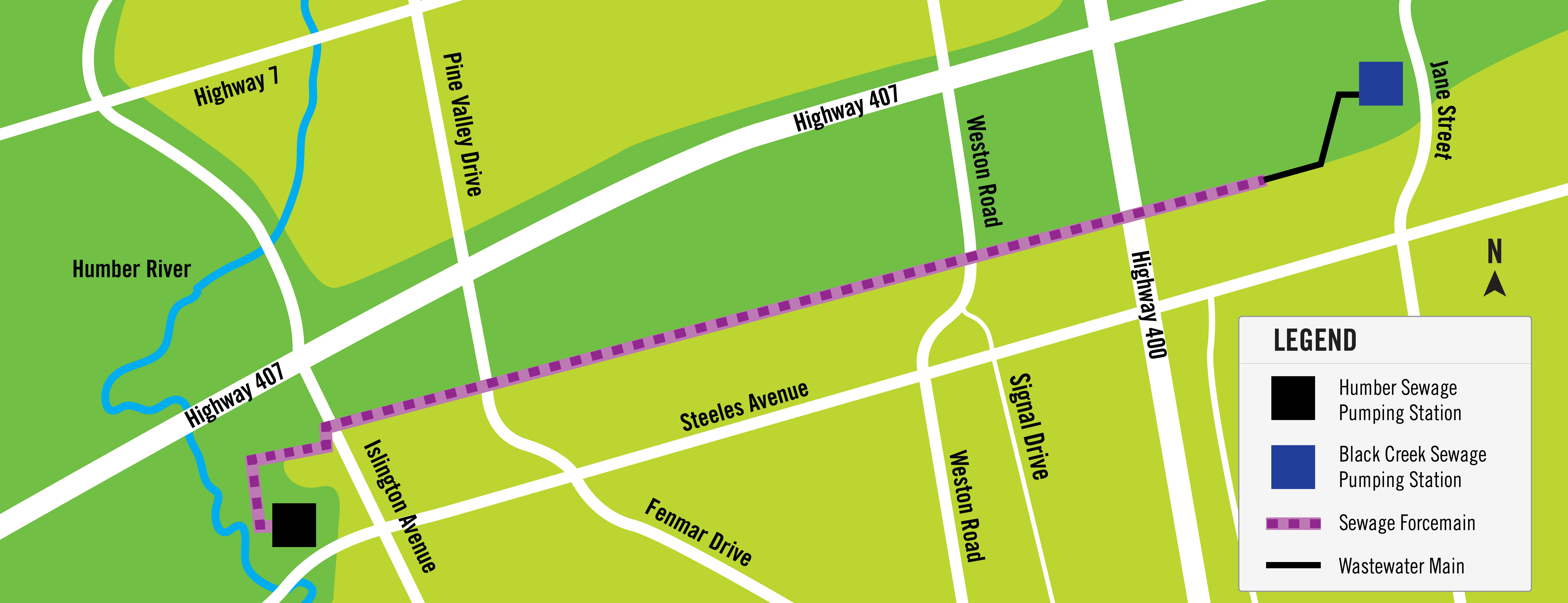 Map showing the location of the humber sewage pumping station, black creek sewage pumping station and the sewage forcemain