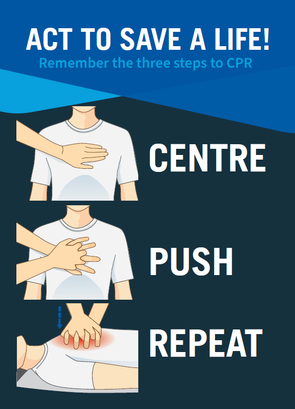 Act to save a life! Remember the three steps to CRP. Centre, Push, Repeat.