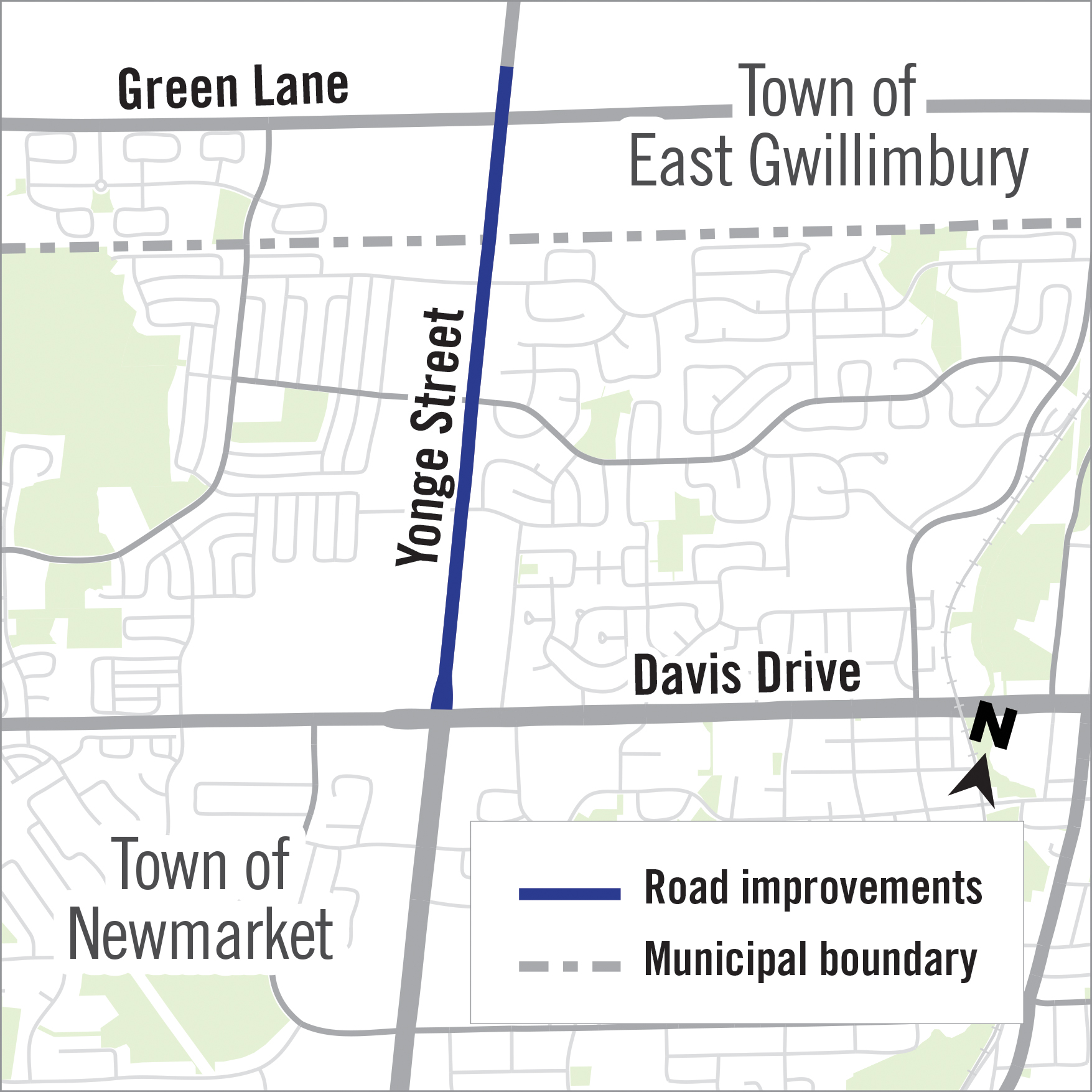 Map of Yonge Street in Newmarket showing construction area between Davis Drive and Green Lane