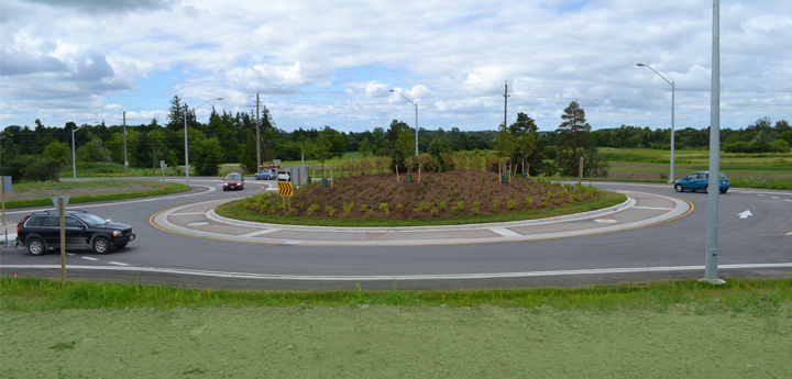 York Region's first roundabout intersection at York/Durham Line and Durham Road 5 in the City of Markham and City of Pickering.